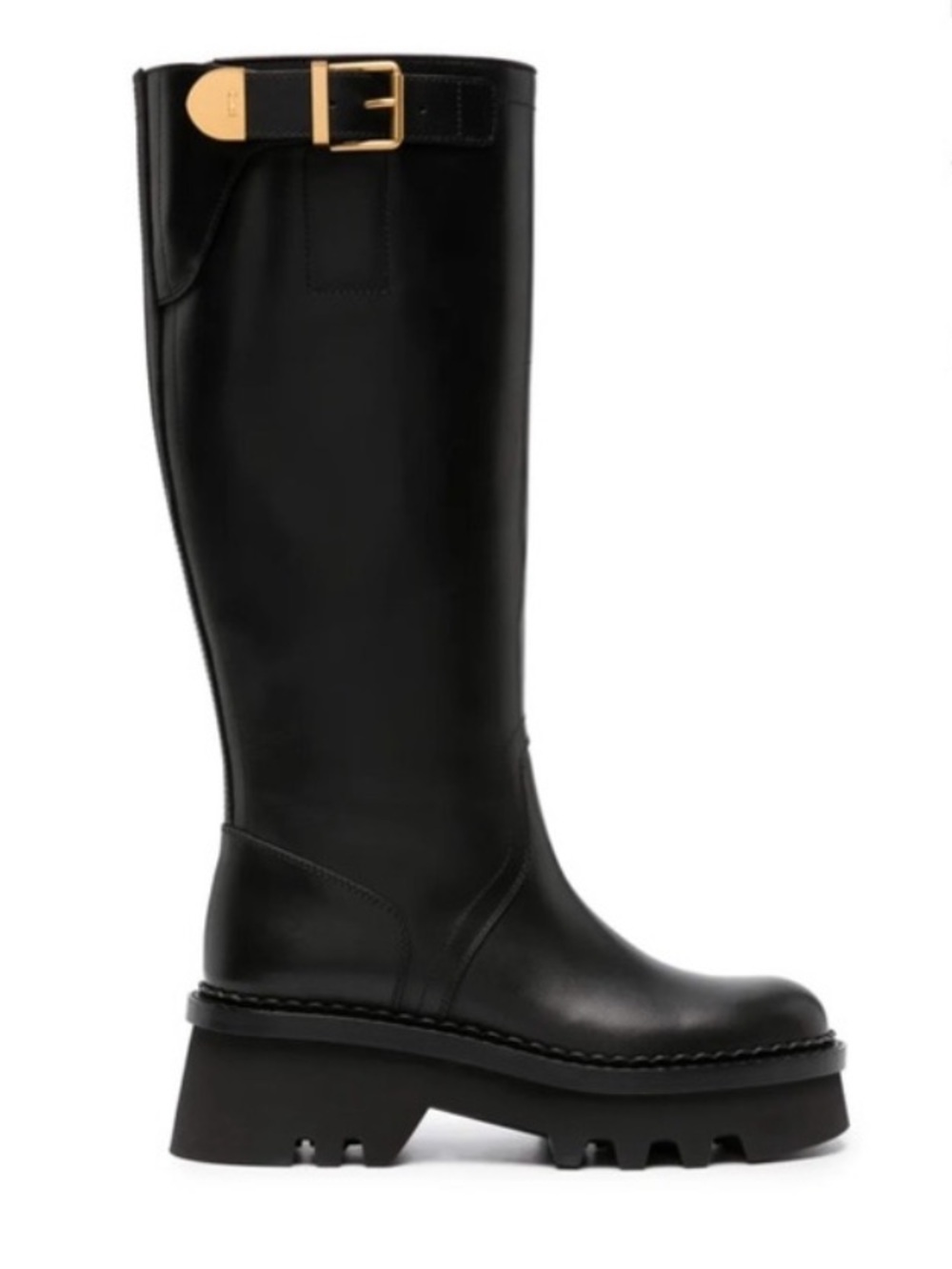Chloe NWT Owena Black Knee-High Leather Platform Boot with Gold Buckle